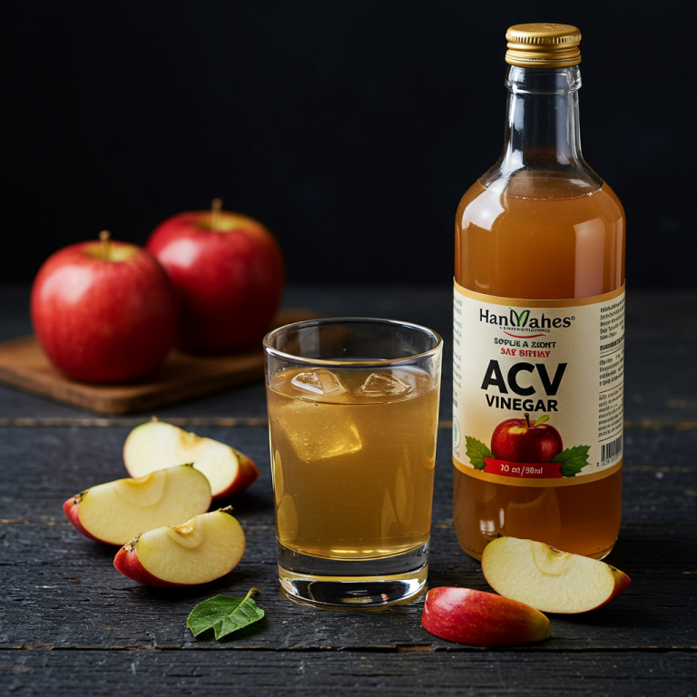 A dark and moody macro shot of a bottle of apple cider vinegar and sliced apples on a wooden table.