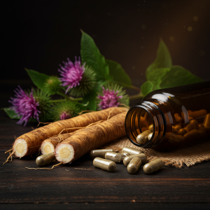 Fresh burdock root and capsules on a wooden table with burdock leaves and flowers.