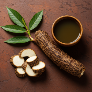 A close-up of a Kava Kava plant root and a small bowl of a prepared Kava drink.