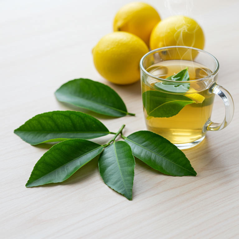 A close-up of fresh lemon leaves and a glass of lemon leaf tea.