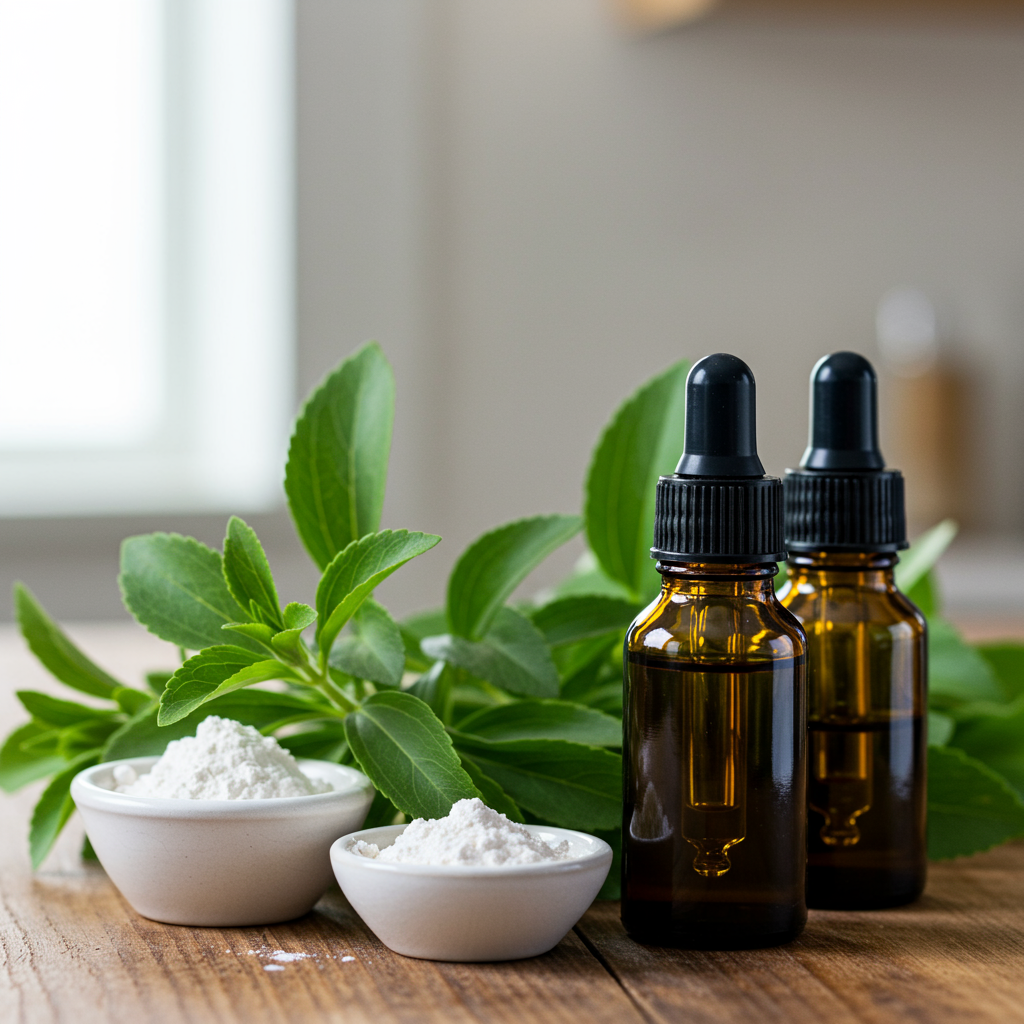 A rustic, photorealistic image of a stevia plant with green leaves, a small bowl of white stevia powder, and a glass dropper bottle of liquid stevia extract on a kitchen counter.