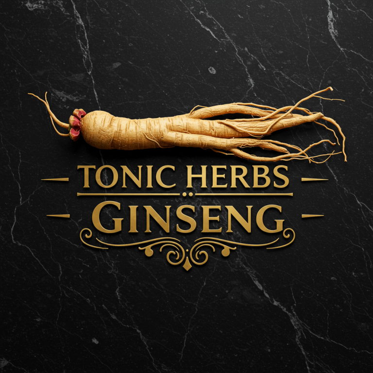 3D logo with ginseng and tonic herbs on a black marble background for wellness blog.
