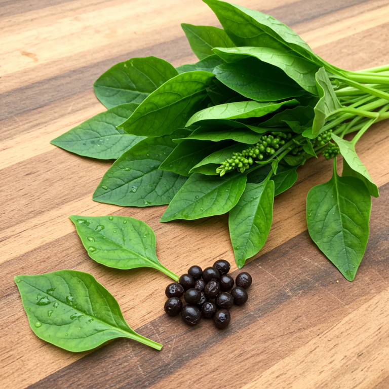 A fresh harvest of vibrant Malabar spinach leaves and seeds on a wooden background.