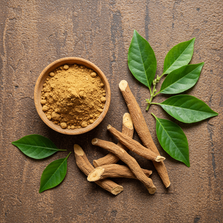 A flat lay of Ashwagandha root, powder, and fresh leaves on a rustic background.