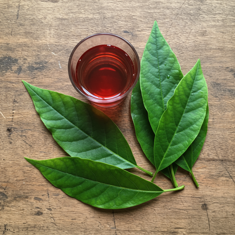 A vibrant flat lay of fresh avocado leaves and a glass of red tea on a wooden surface.