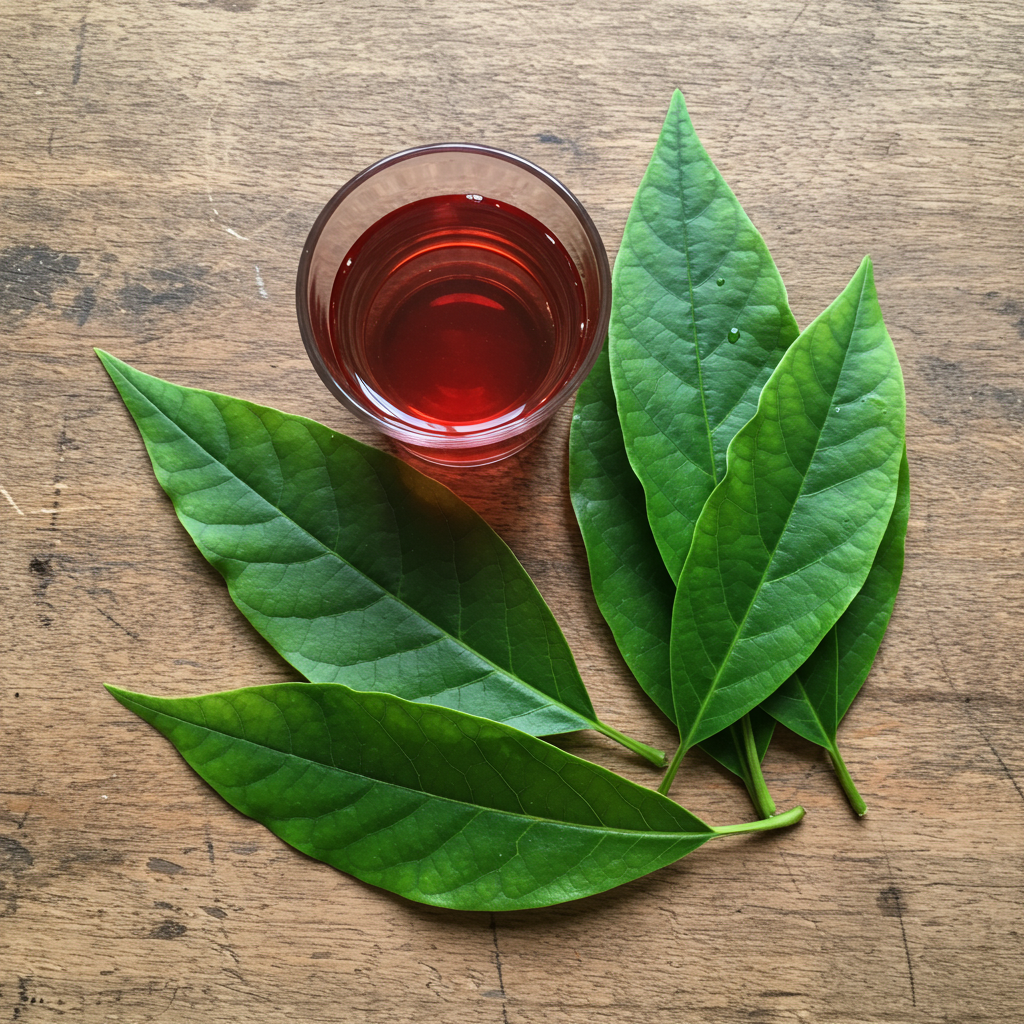 A vibrant flat lay of fresh avocado leaves and a glass of red tea on a wooden surface.