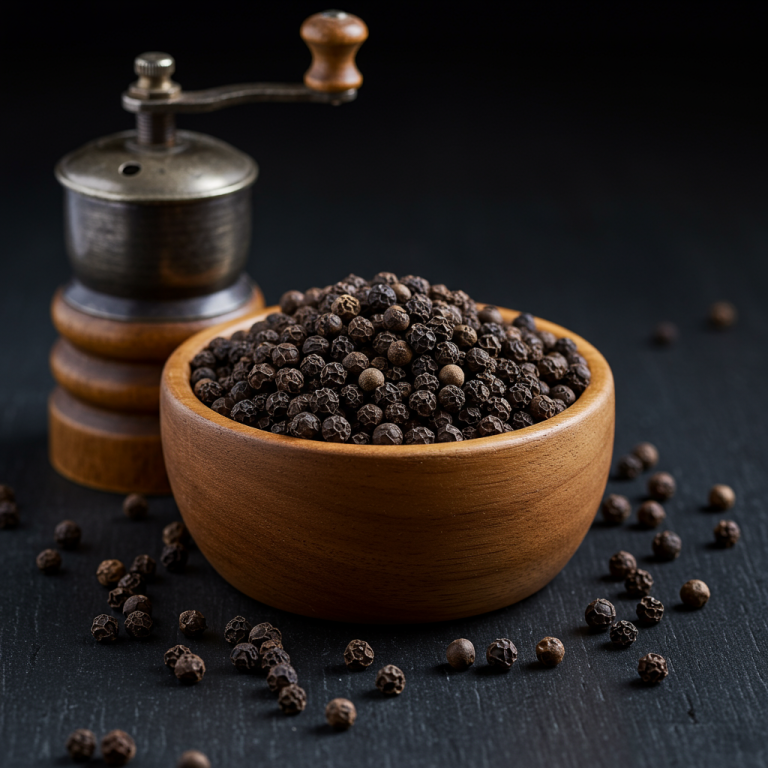 A vintage pepper mill and a bowl of black peppercorns on a rustic wooden background.