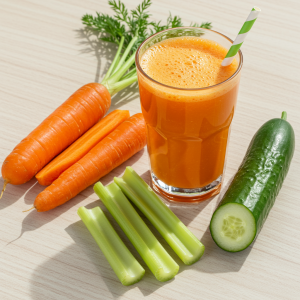 A glass of fresh carrot juice surrounded by carrots, celery, and cucumber on a table.