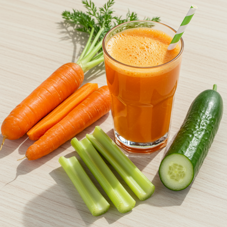 A glass of fresh carrot juice surrounded by carrots, celery, and cucumber on a table.