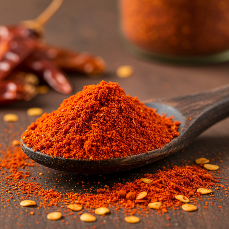 A vibrant, high-resolution close-up of bright red cayenne pepper powder on a dark wooden spoon, with a pile of dried red peppers in the soft-focus background.