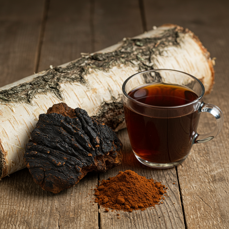 A chaga mushroom on a tree and chaga tea in a cup.