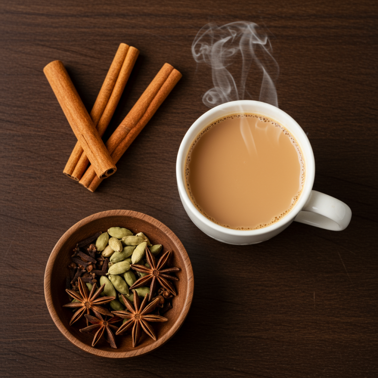 A wide-angle shot of a hand stirring a cup of chai tea with steam rising from it.