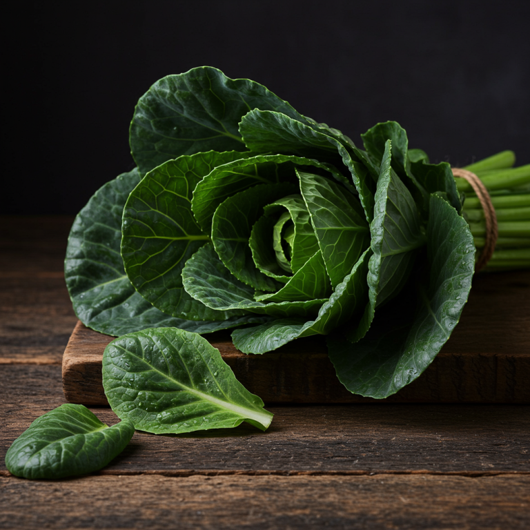 A dark and moody macro shot of a bunch of fresh collard greens on a rustic wooden table.