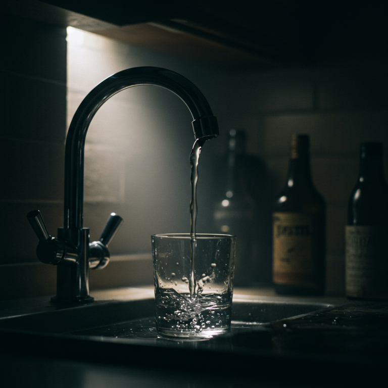 A cinematic, dark photograph of a small stream of water pouring from a faucet.