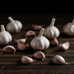 Macro shot of raw garlic bulbs and cloves on a dark wooden background.