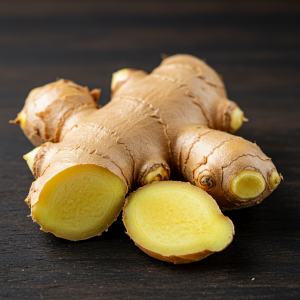 A close-up of a fresh ginger root with a piece broken off to show the yellow flesh.