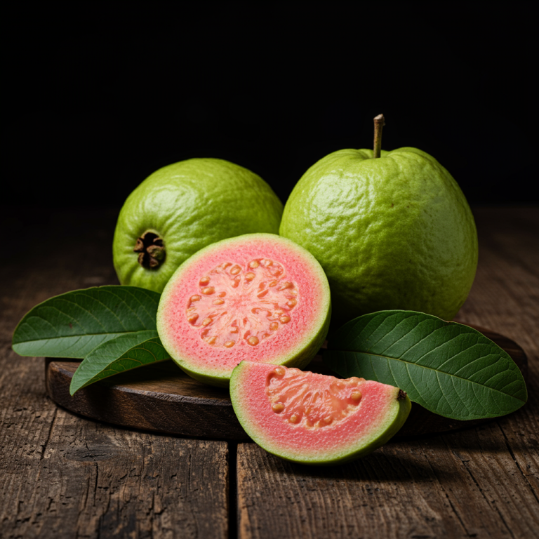 A close-up, dark and moody macro shot of a guava cut in half on a rustic wooden table.