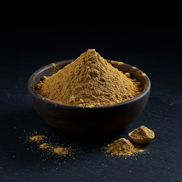 A close-up of maca root powder in a dark wooden bowl on a slate surface.