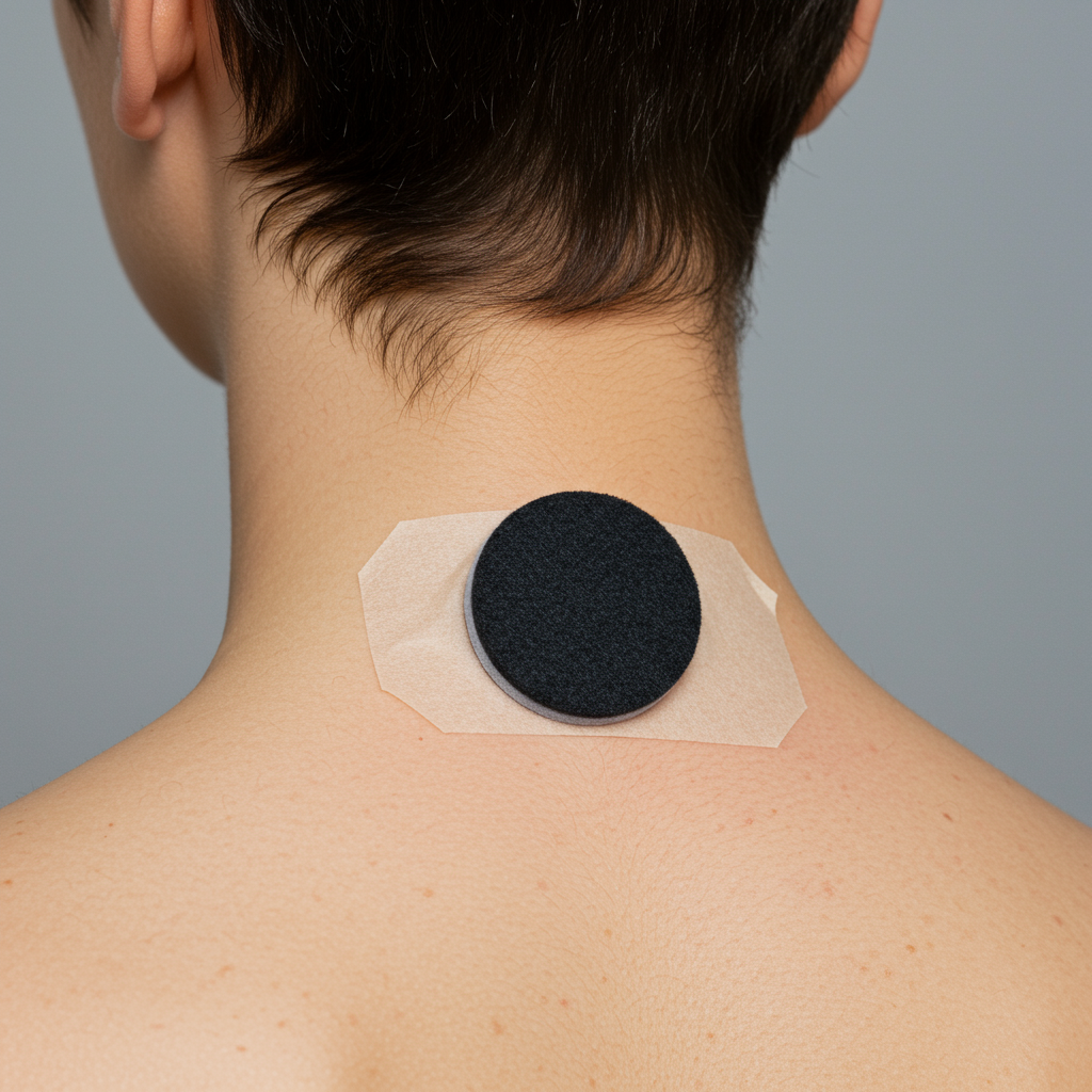 A close-up shot of a small, round static magnet with a felt side, taped to the skin on the back of a person's neck.