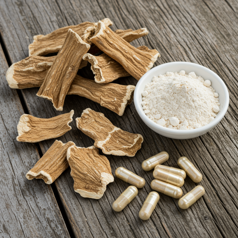A flat lay of marshmallow root pieces, powder, and capsules on a rustic background.