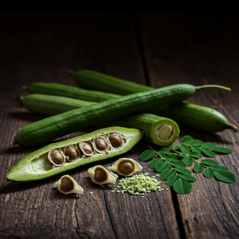 A dark and moody macro shot of a moringa pod, a cut pod with seeds, and some leaves on a rustic wooden table.
