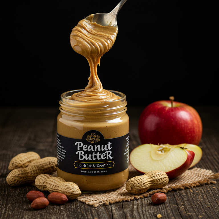 A dark and moody macro shot of a spoon with creamy peanut butter, a jar, raw peanuts, and an apple slice on a rustic wooden table.