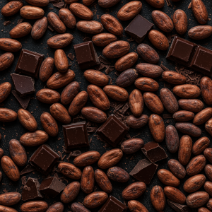 A beautiful, seamless collage of dark cacao pods, beans, and chocolate pieces.