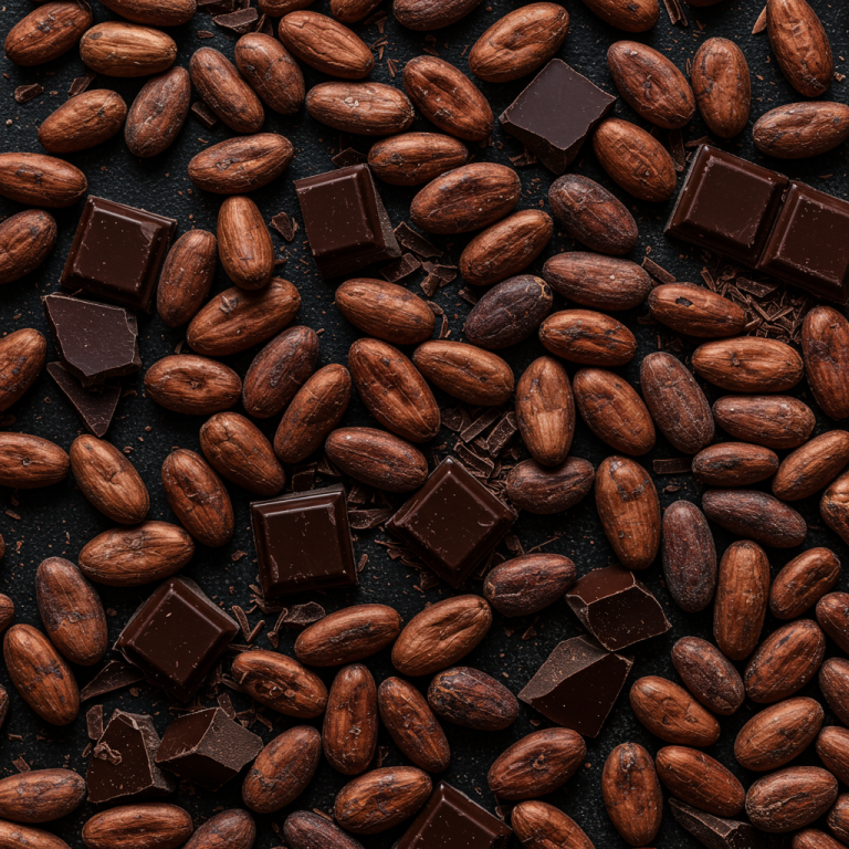 A beautiful, seamless collage of dark cacao pods, beans, and chocolate pieces.