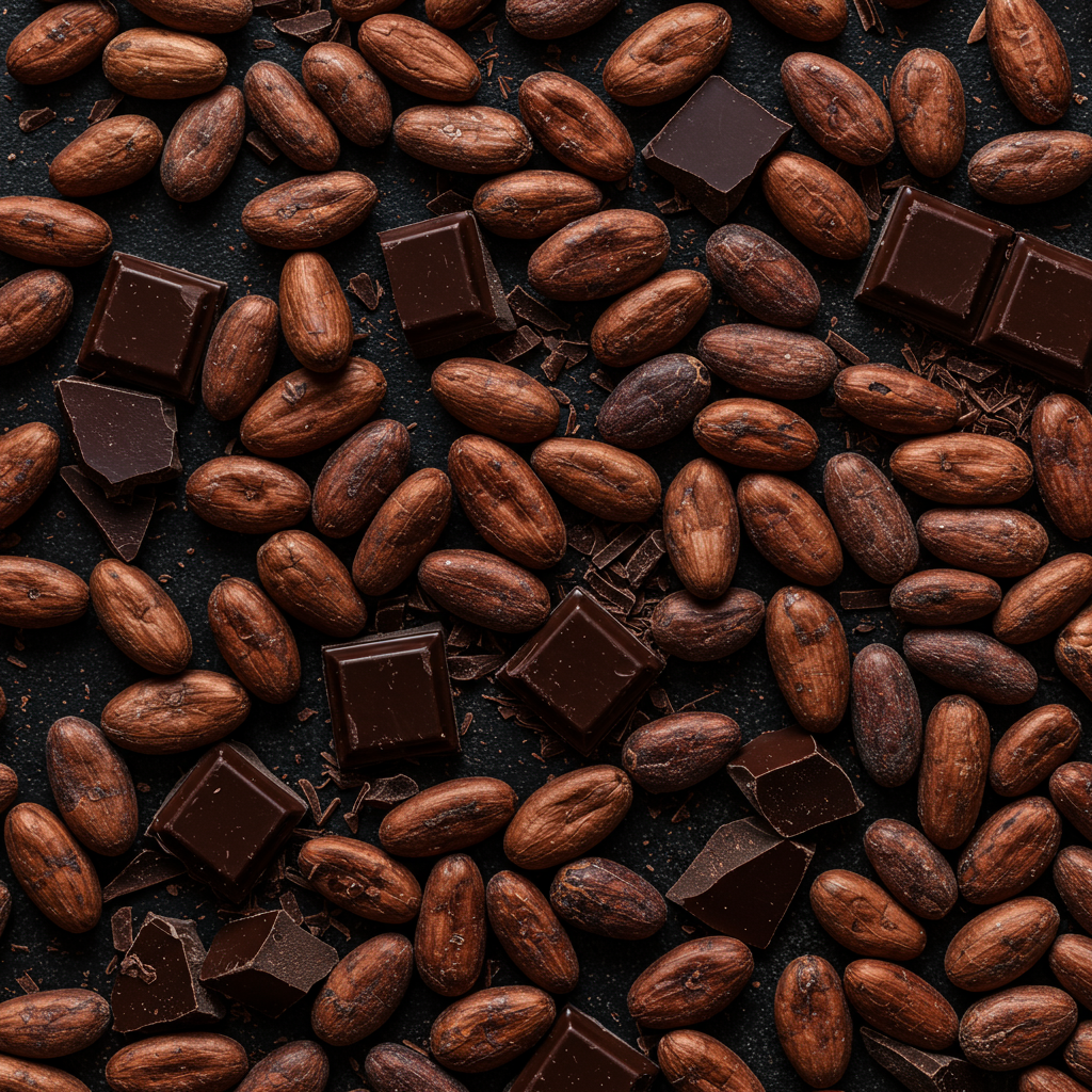 A beautiful, seamless collage of dark cacao pods, beans, and chocolate pieces.