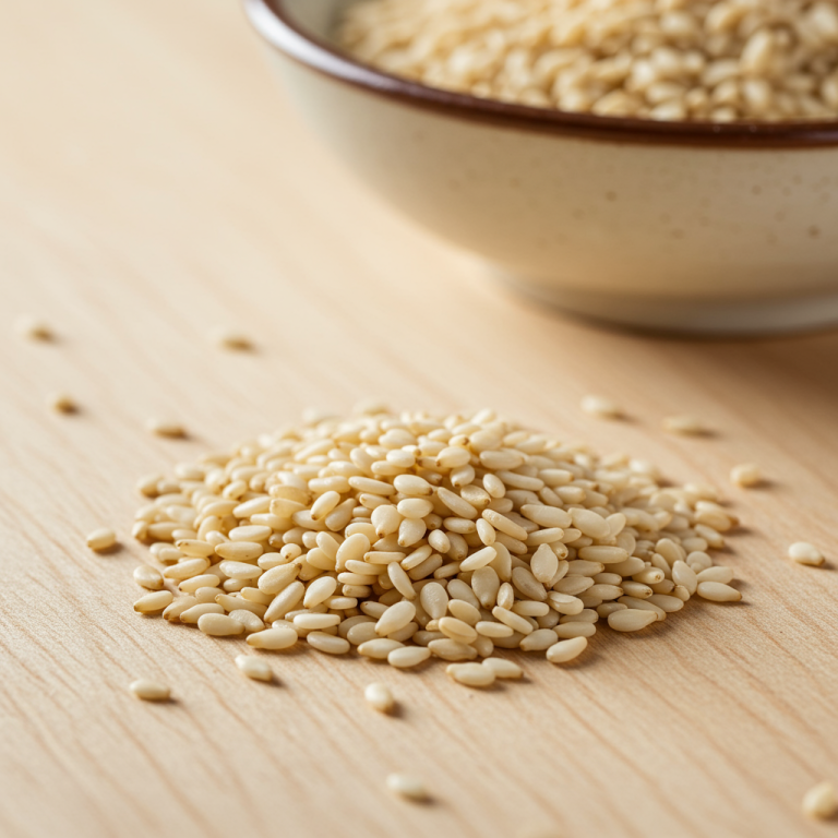 A close-up of sesame seeds on a wooden surface with a ceramic bowl in the background