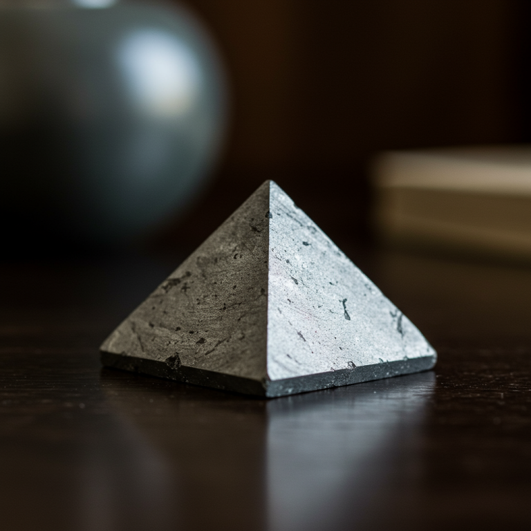 A professional, clean, and high-resolution shot of a pyramid-shaped piece of raw shungite on a smooth, dark surface, with a blurred background.