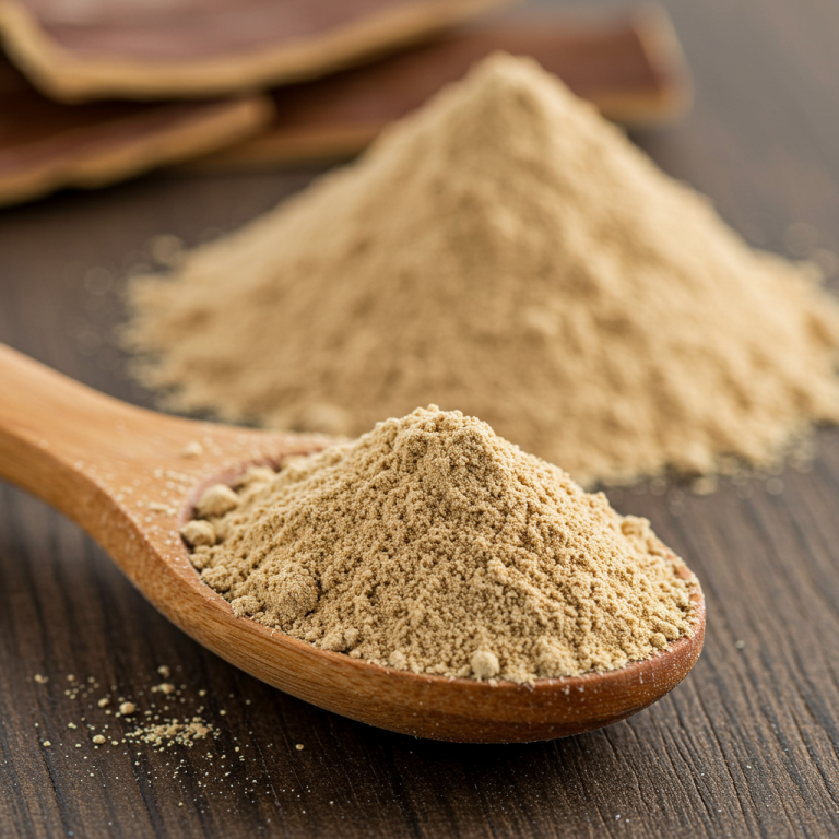 A close-up shot of fine, light brown slippery elm bark powder on a rustic wooden spoon, with a pile of the powder in the soft-focus background.