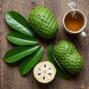 A close-up of fresh soursop leaves and a cup of soursop tea.