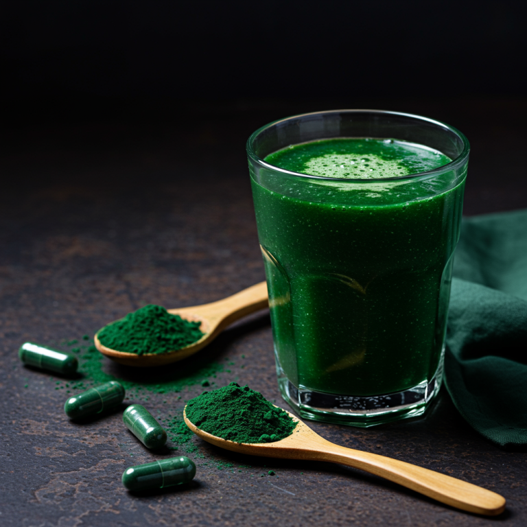 A macro shot of a spirulina smoothie with powder and capsules on a rustic wooden table.