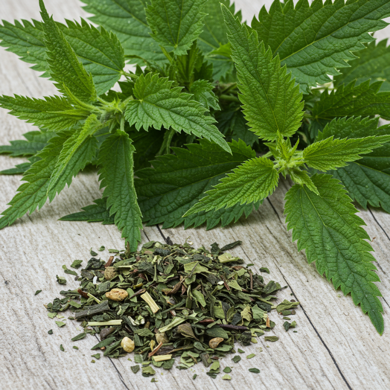A close-up of a fresh bunch of stinging nettle leaves and dried tea leaves.
