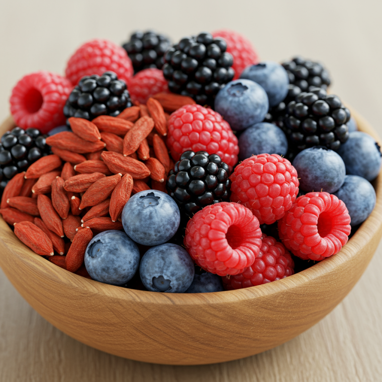 A vibrant, colorful array of fresh berries, including goji berries, blueberries, raspberries, and blackberries, arranged artfully in a wooden bowl.