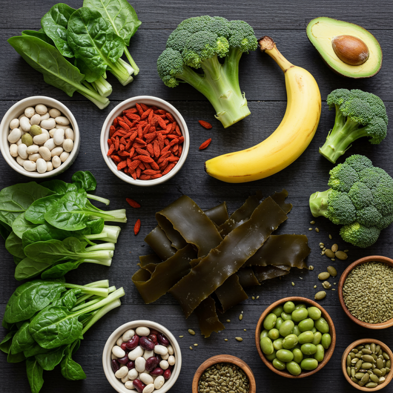 A vibrant, flat-lay image of various superfoods including fresh leafy greens, goji berries, kelp, and assorted beans on a dark wooden background.