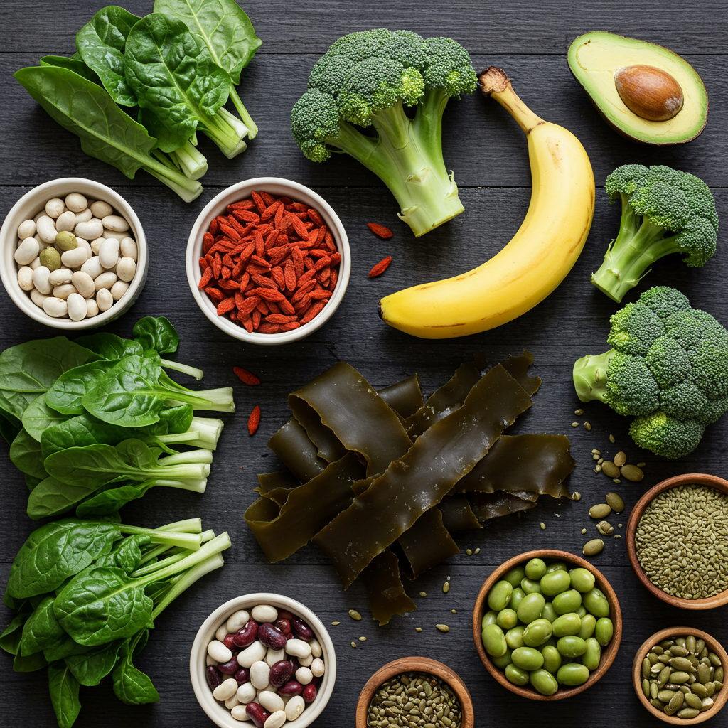 A vibrant, flat-lay image of various superfoods including fresh leafy greens, goji berries, kelp, and assorted beans on a dark wooden background.