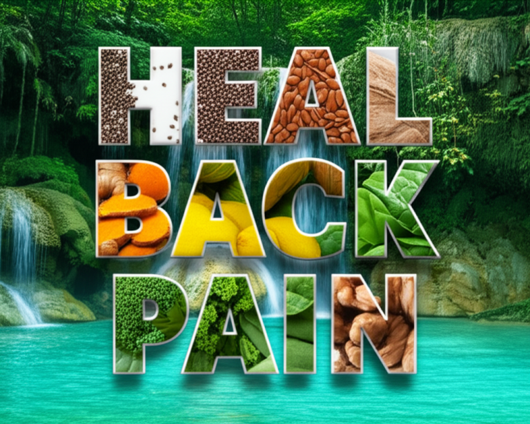 A logo that says "Heal Back Pain" with the letters filled with photorealistic images of healing superfoods like ginger, turmeric, and walnuts, set against a vibrant, lush jungle waterfall.