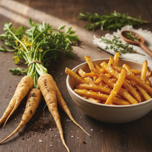Fresh raw parsnips with green tops next to a bowl of golden roasted parsnip fries on a rustic wooden table.