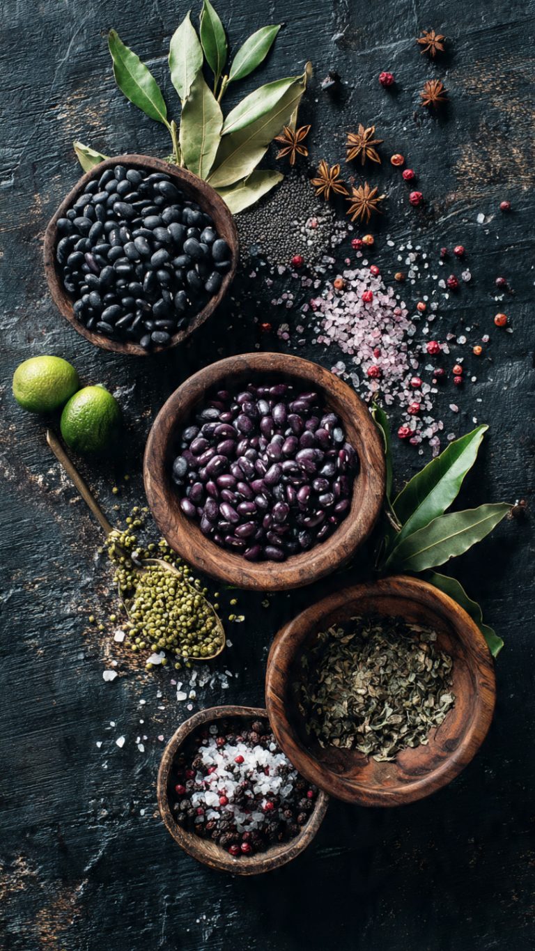 A wooden bowl filled with black beans surrounded by fresh onions, tomatoes, and herbs on a rustic wooden table.