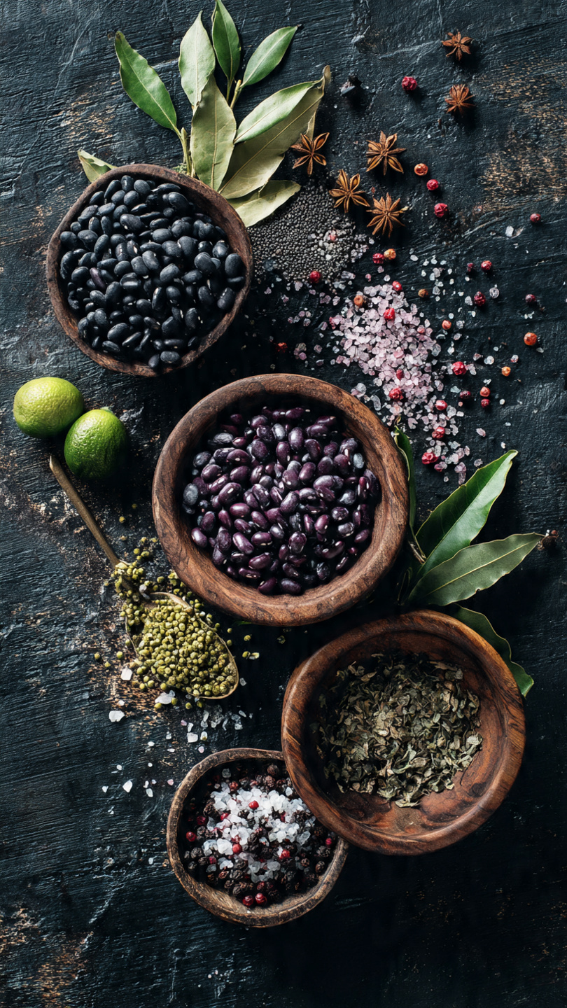 A wooden bowl filled with black beans surrounded by fresh onions, tomatoes, and herbs on a rustic wooden table.