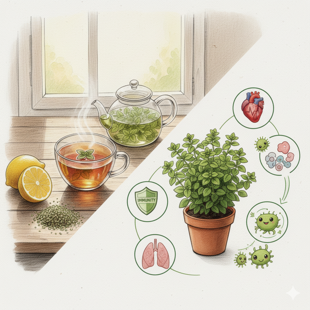 Warm mug of oregano tea, a natural remedy for inflammation and digestive issues as well as healthy antioxidants.