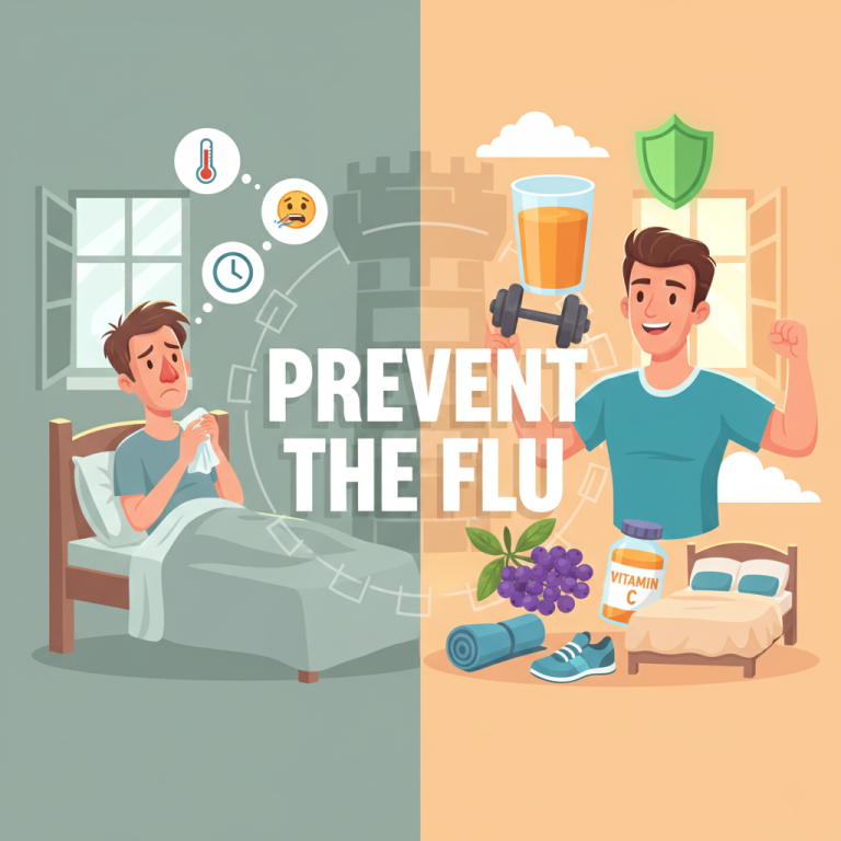 A cartoon comparison showing a sick man in bed with the flu versus a healthy man exercising and taking vitamins, with the text "Prevent the Flu" in the center.