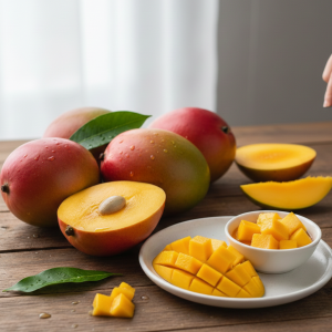 Fresh sliced and whole mangoes on a wooden table, showcasing their vibrant orange flesh and green leaves.