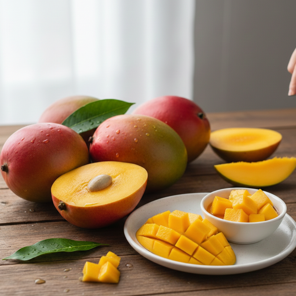 Fresh sliced and whole mangoes on a wooden table, showcasing their vibrant orange flesh and green leaves.