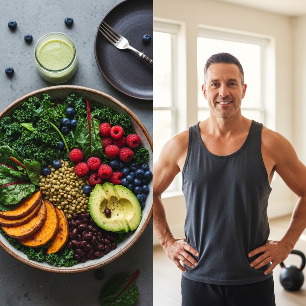 Healthy middle-aged man standing confidently next to a nutritious plant-based bowl of kale, beans, and sweet potatoes.