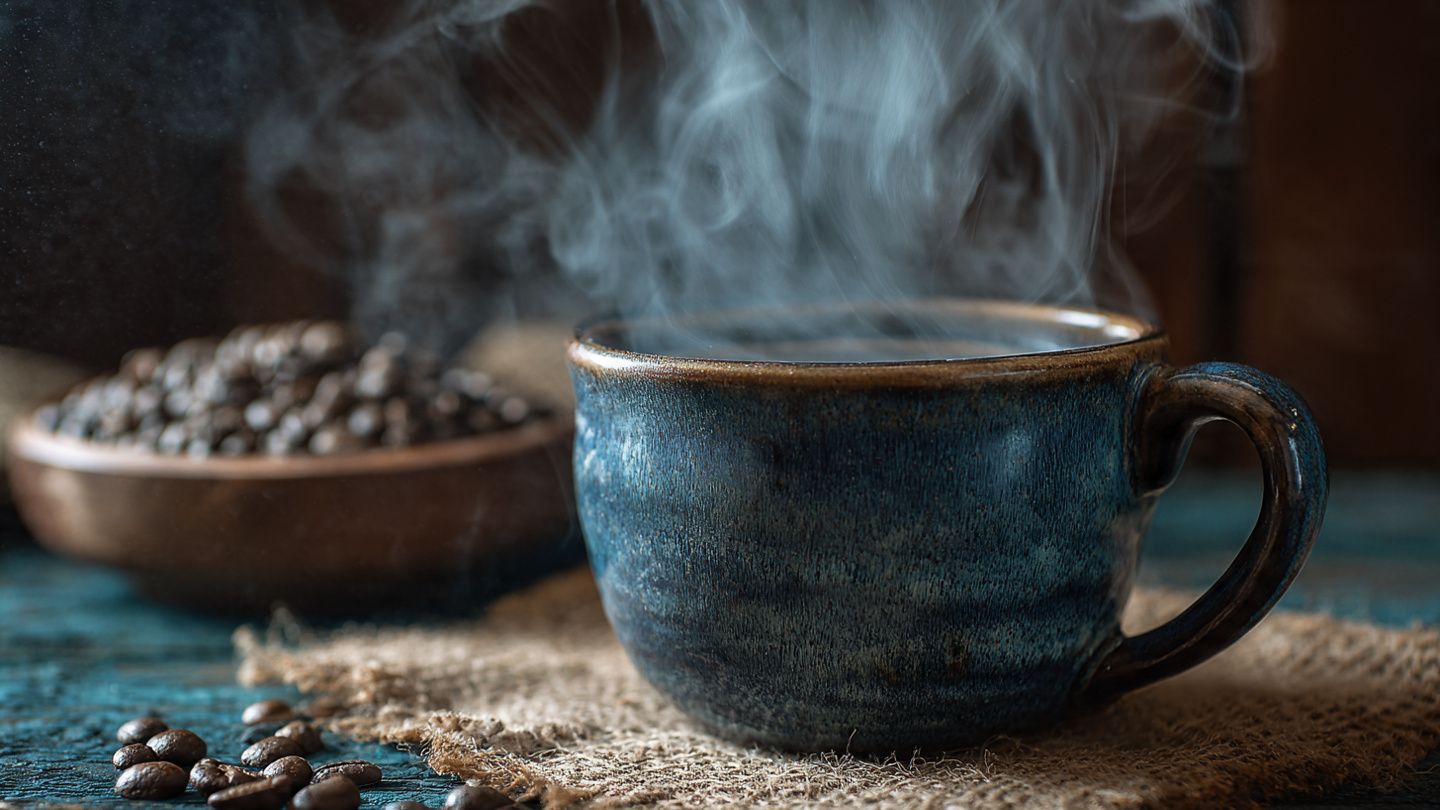 A steaming cup of organic black coffee on a rustic wooden table surrounded by roasted coffee beans, representing its status as a nutritional superfood.