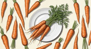 A botanical pencil sketch of orange carrots with green tops on a simple plate, featuring light carrot outlines in the background on textured paper.