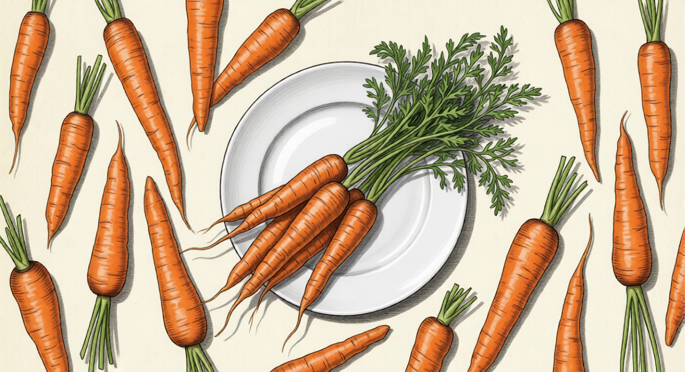 A botanical pencil sketch of orange carrots with green tops on a simple plate, featuring light carrot outlines in the background on textured paper.